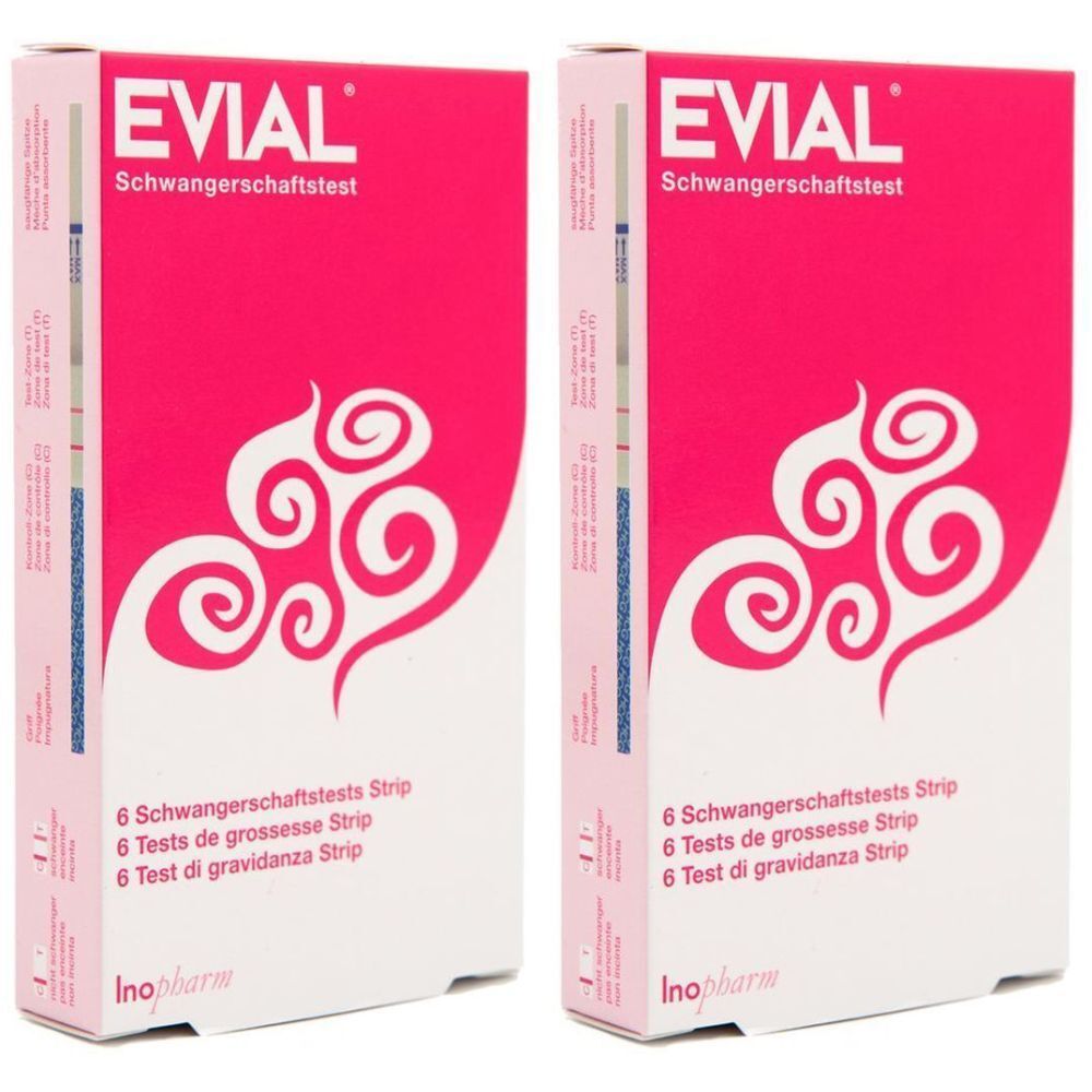 Zwei Packungen EVIAL Schwangerschaftstest. Rosa-weiße Verpackung mit Produktnamen und Text. Enthält 6 Teststreifen.