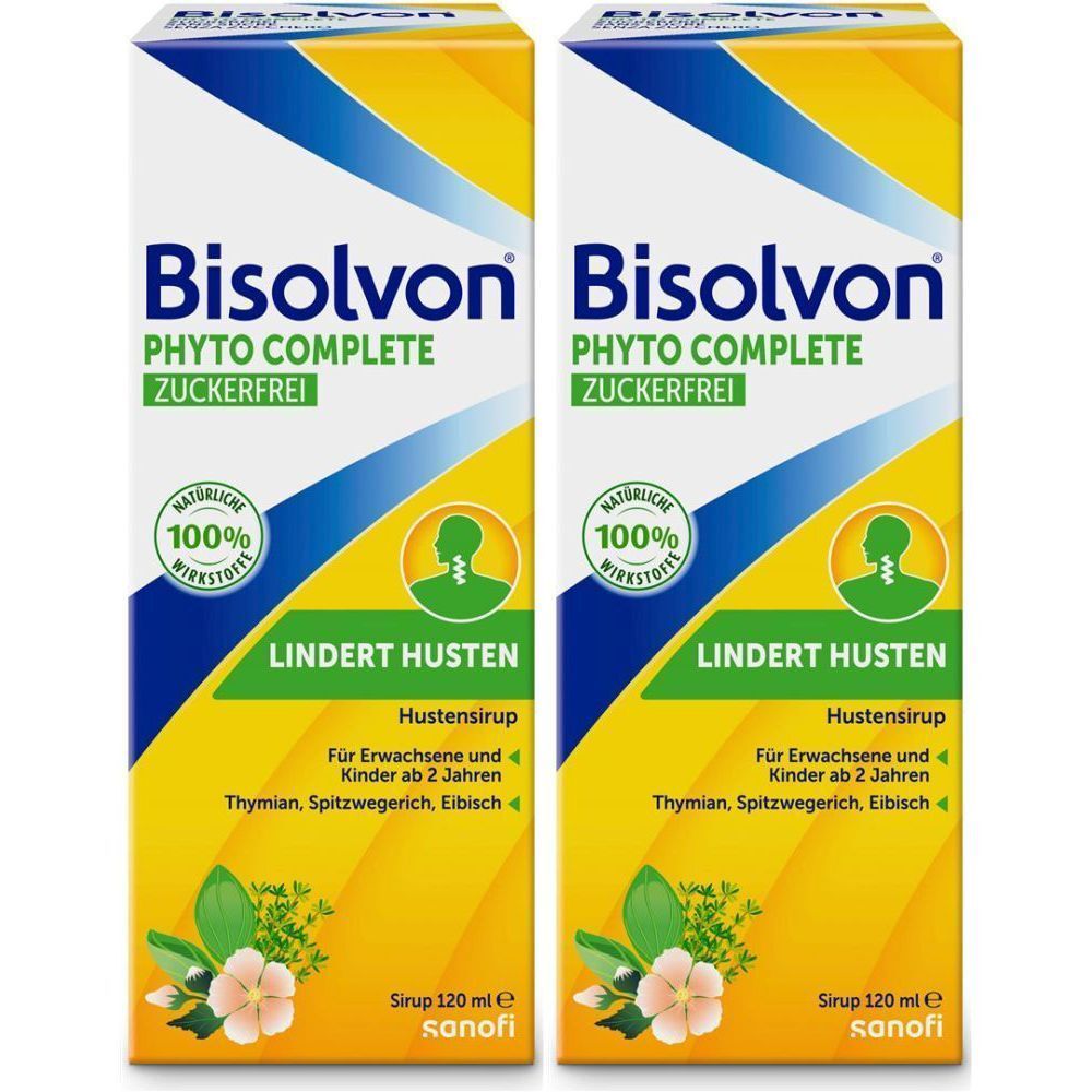 Zwei Packungen Hustensirup mit Aufschrift 'Bisolvon Phyto Complete Zuckerfrei'. Gelb-blaue Verpackung mit Logo und Text.