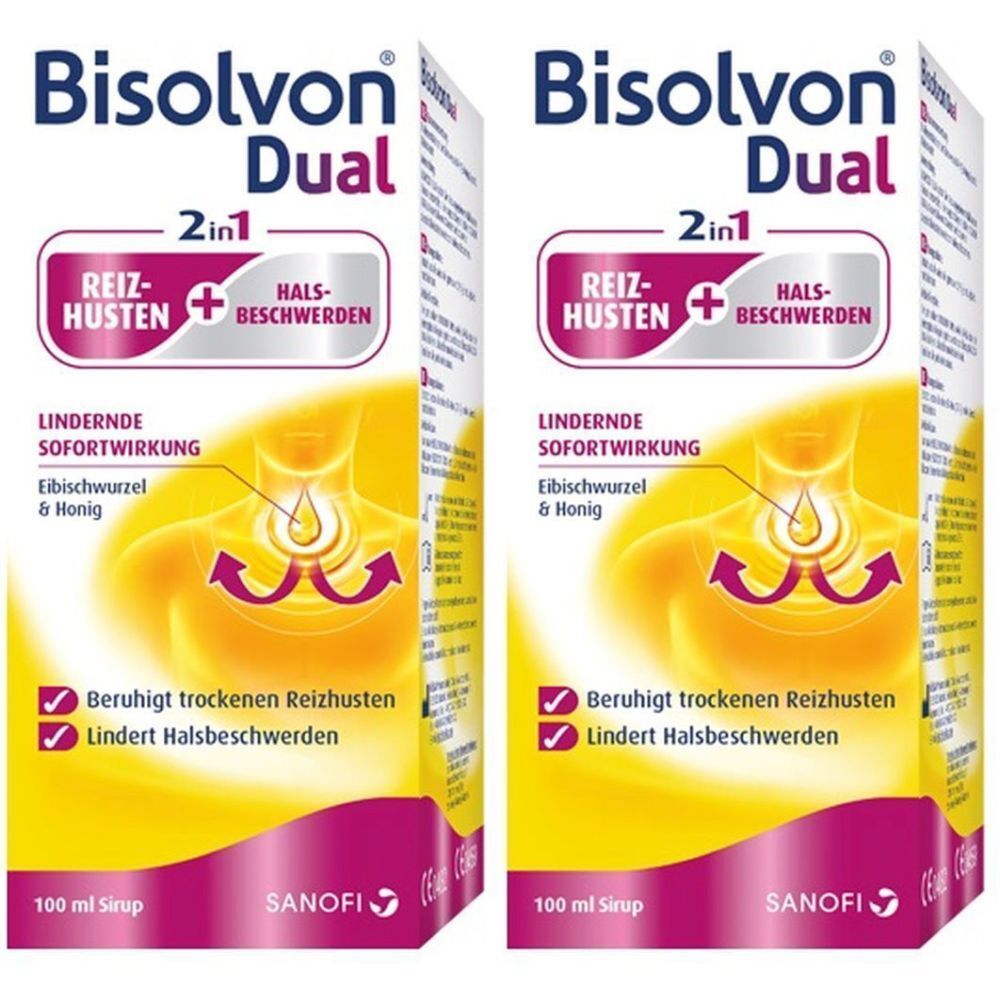 Zwei Packungen Bisolvon Dual Hustensirup. Aufdruck: Reizhusten, Halsbeschwerden, Sofortwirkung, Eibischwurzel & Honig. 100 ml Sirup.