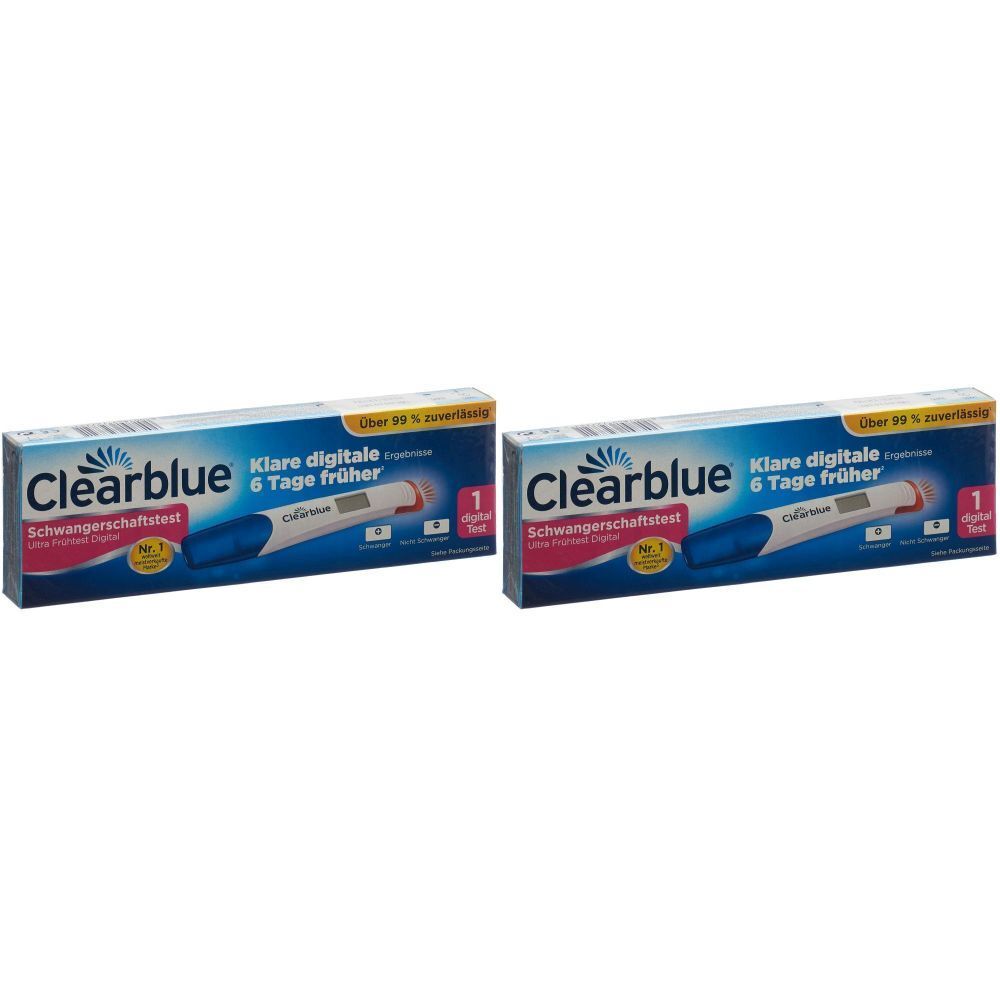 Zwei Packungen Clearblue Schwangerschaftstest. Blaue und weiße Verpackung mit Produktname und digitaler Anzeige. Enthält 1 Test.