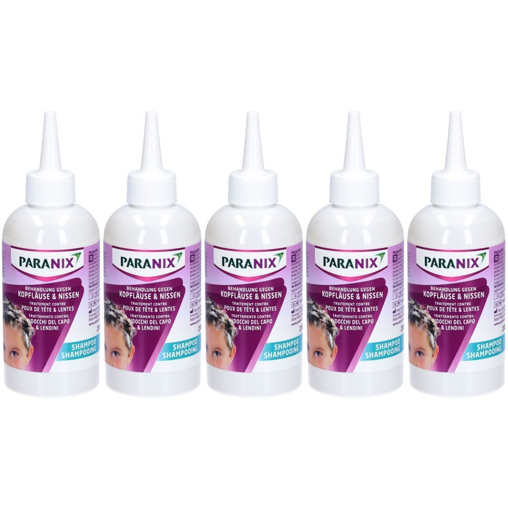 Cinq flacons blancs avec applicateur pointu. Inscription : PARANIX, texte pour le traitement des poux et des lentes.