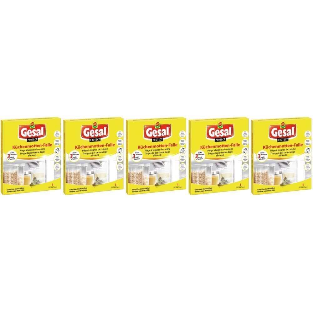 Fünf gelbe Verpackungen. Auf jeder Verpackung steht "Gesal Protect Küchenmotten-Falle". Die Verpackungen zeigen Produktabbildungen.