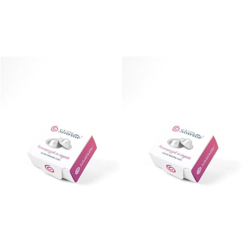 Zwei Schachteln mit Stillhütchen aus Silber. Aufdruck: Logo und Schriftzug "Silverette". Rosa und weiße Verpackung.
