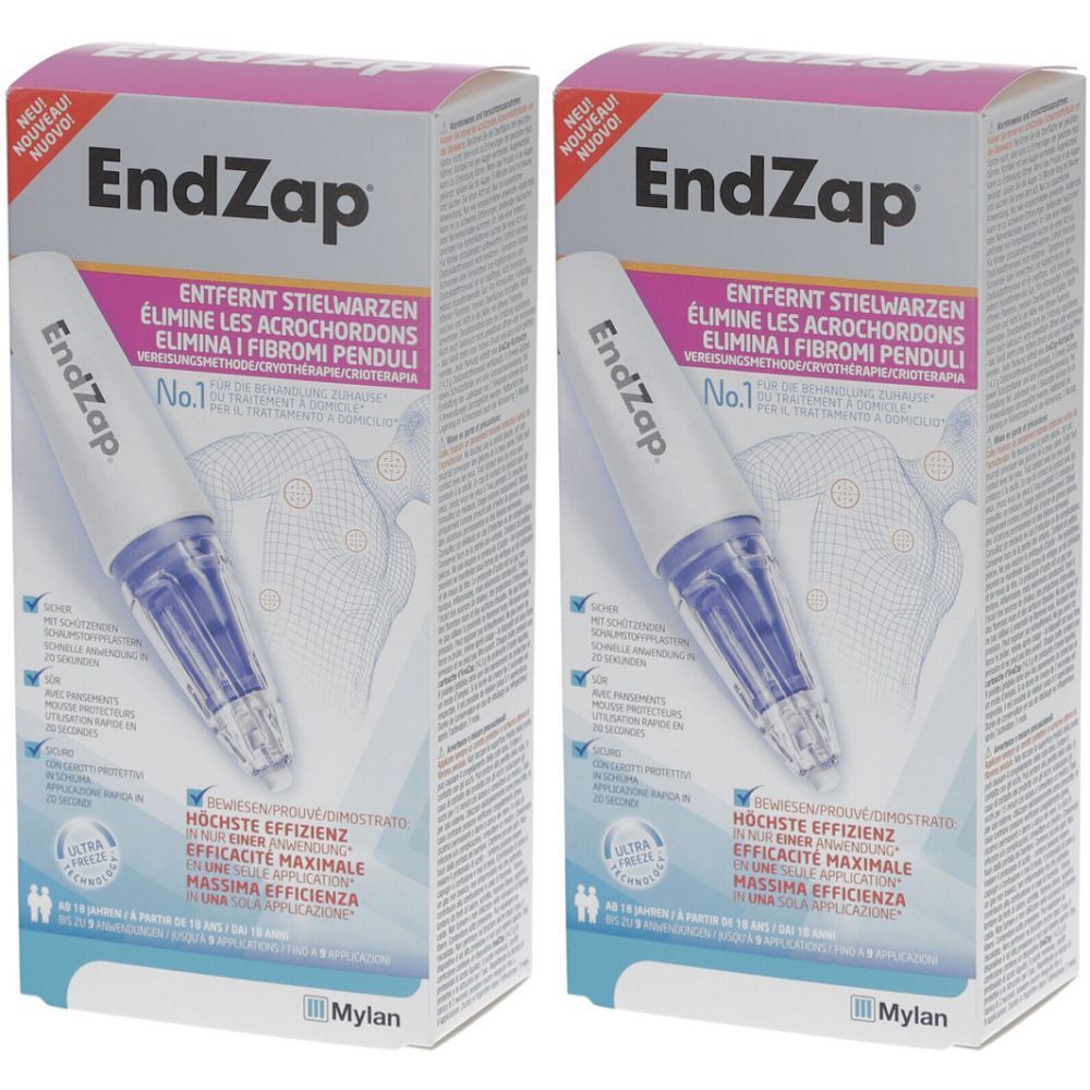 Zwei Packungen EndZap. Aufschrift: Entfernt Stielwarzen. Enthält einen Applikator. Verpackung mit rosa Akzenten.
