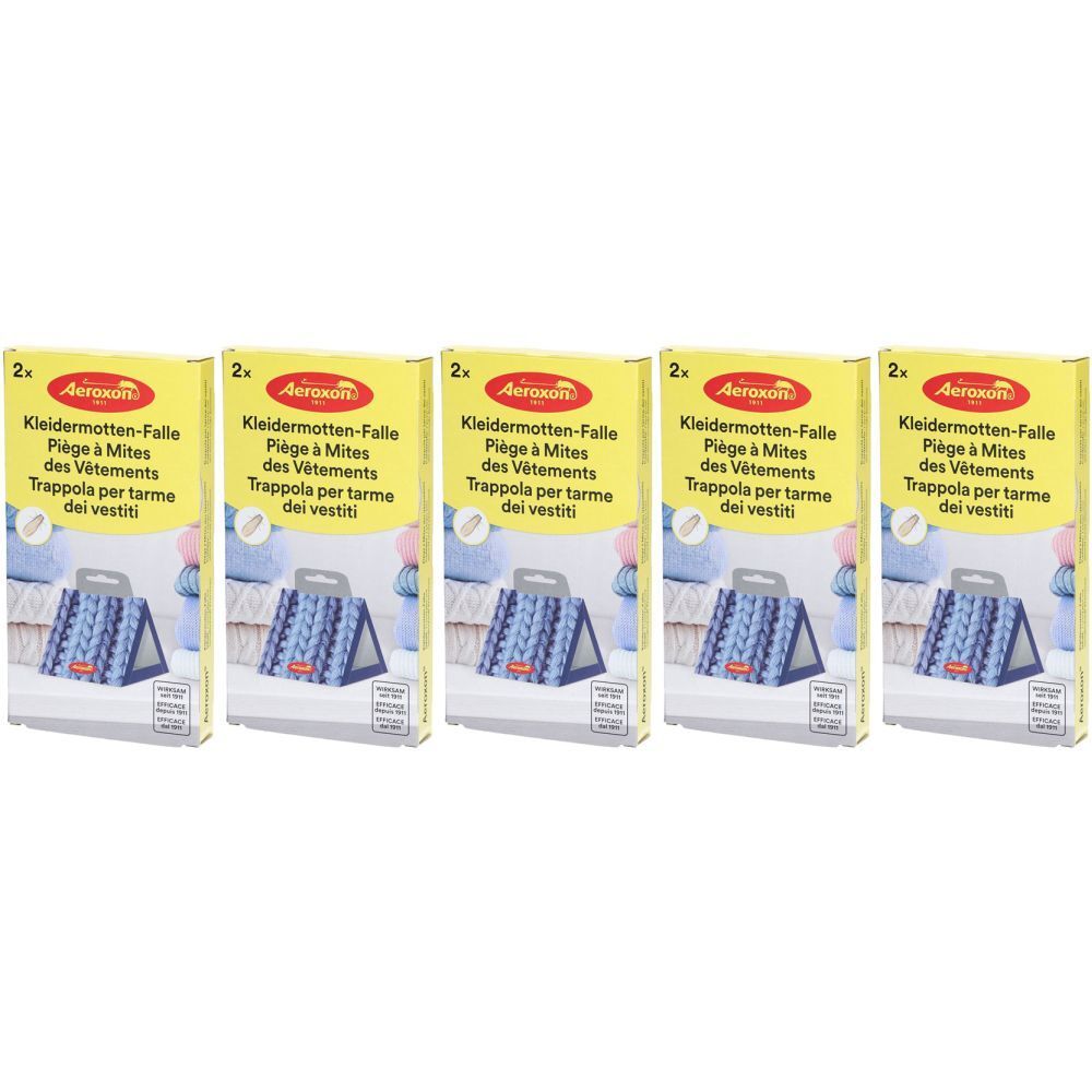 Mehrere Packungen AEROXON Kleidermottenfalle. Gelbe Verpackung mit Produktabbildung und mehrsprachiger Beschriftung.