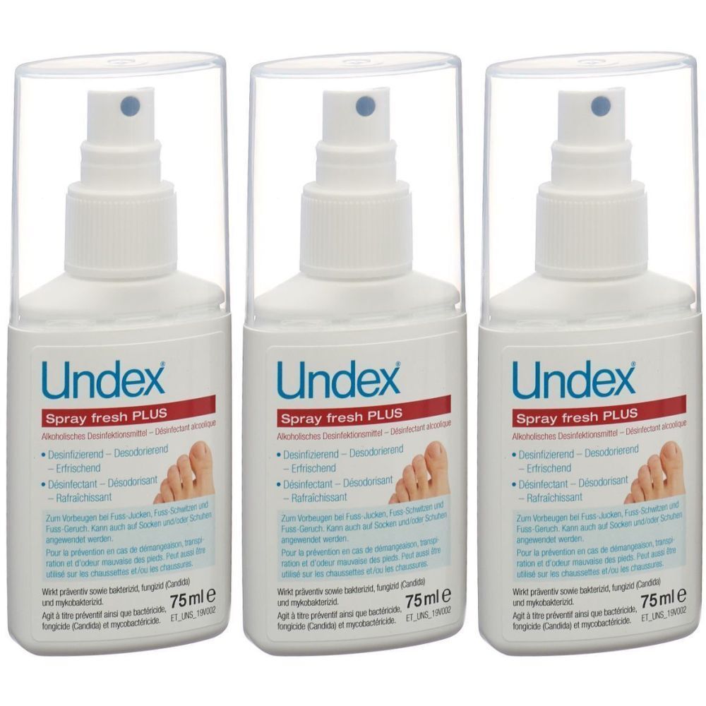 Drei weiße Sprühflaschen mit transparenten Kappen. Auf jeder Flasche steht "Undex Spray fresh PLUS".