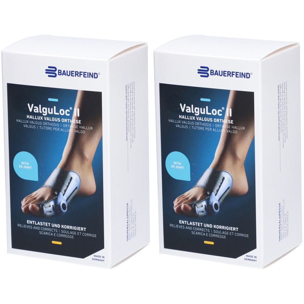 Zwei weiße Produktverpackungen. Aufdruck: BAUERFEIND, ValguLoc II, Hallux Valgus Orthese. Text: Entlastet und korrigiert.