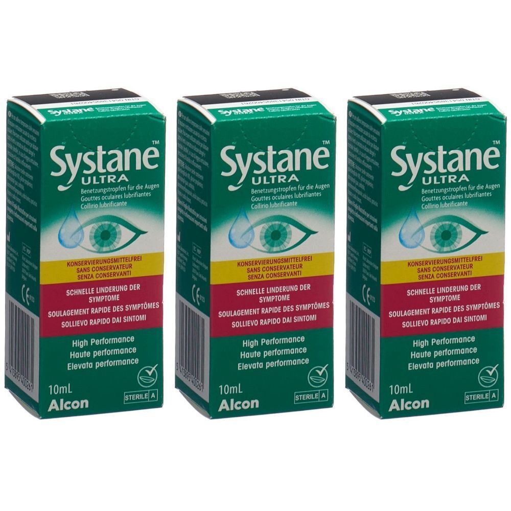 Drei grüne Schachteln mit "Systane Ultra"-Logo und Augenabbildung. Text in Deutsch, Französisch, Italienisch. 10 ml, Alcon.