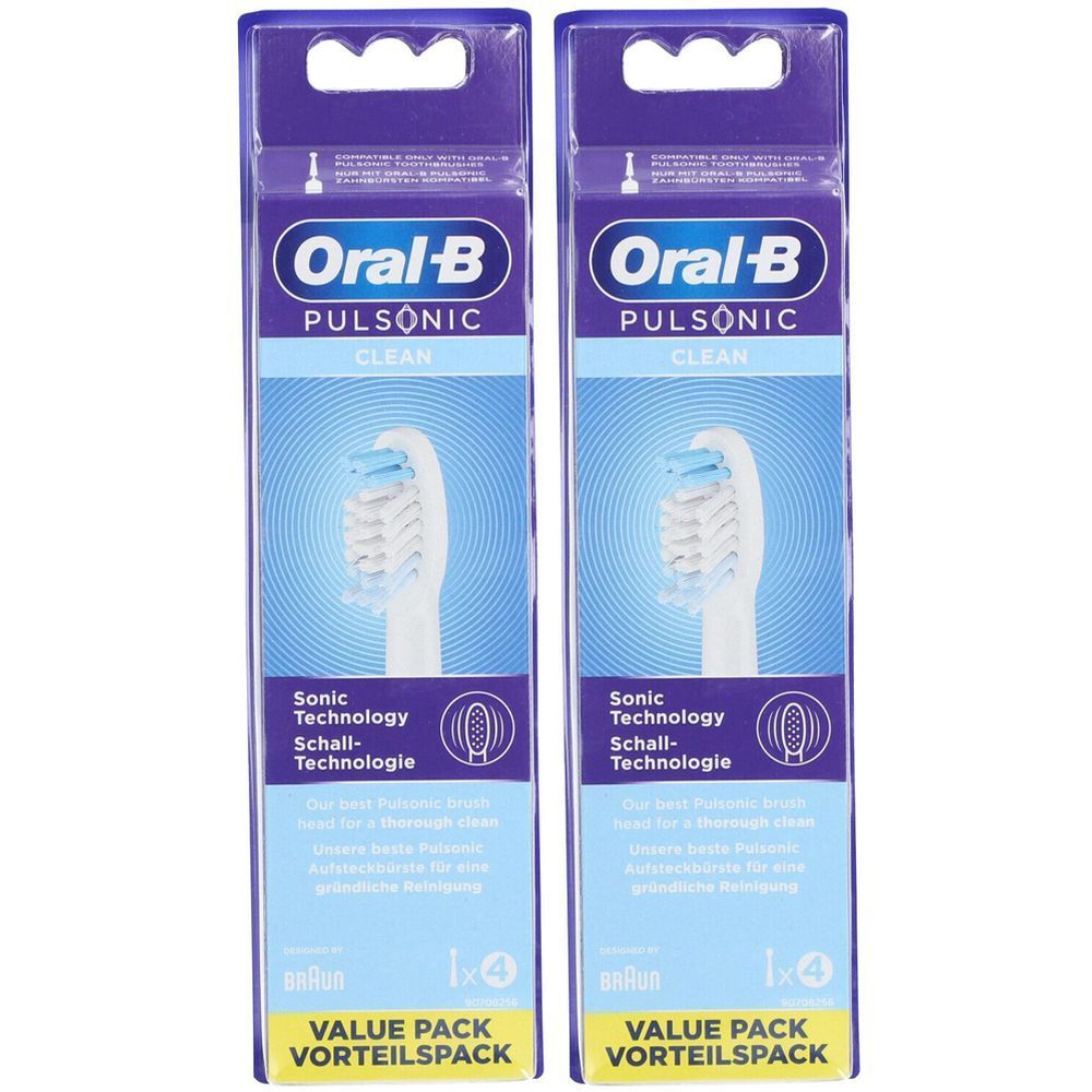 Zwei Packungen Zahnbürstenköpfe. Aufschrift: Oral-B Pulsonic Clean. Mit Sonic Technology. Value Pack.