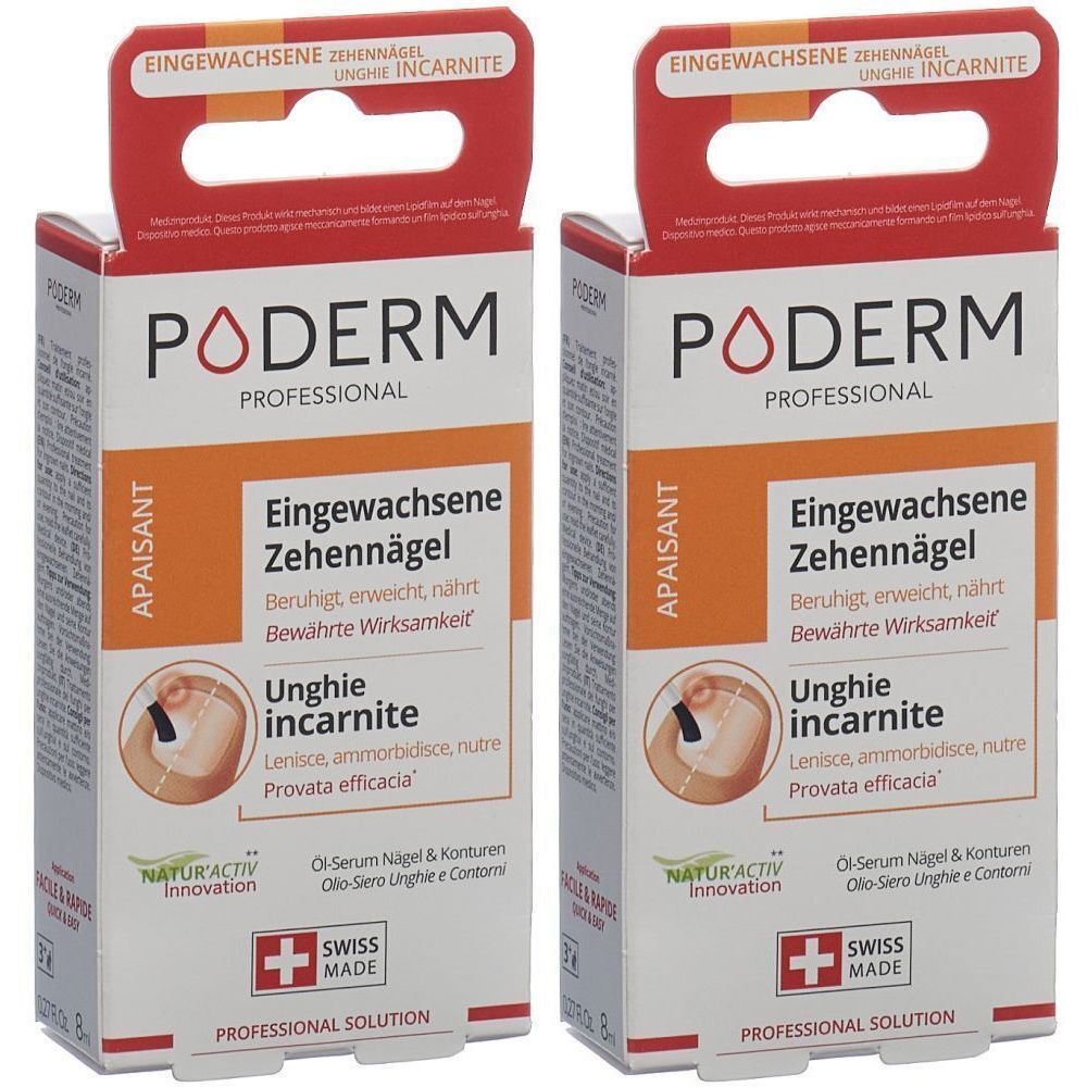 Zwei PODERM-Verpackungen für eingewachsene Zehennägel. Weiß, orange und rot. Schweizer Kreuz. Text: Professional Solution.