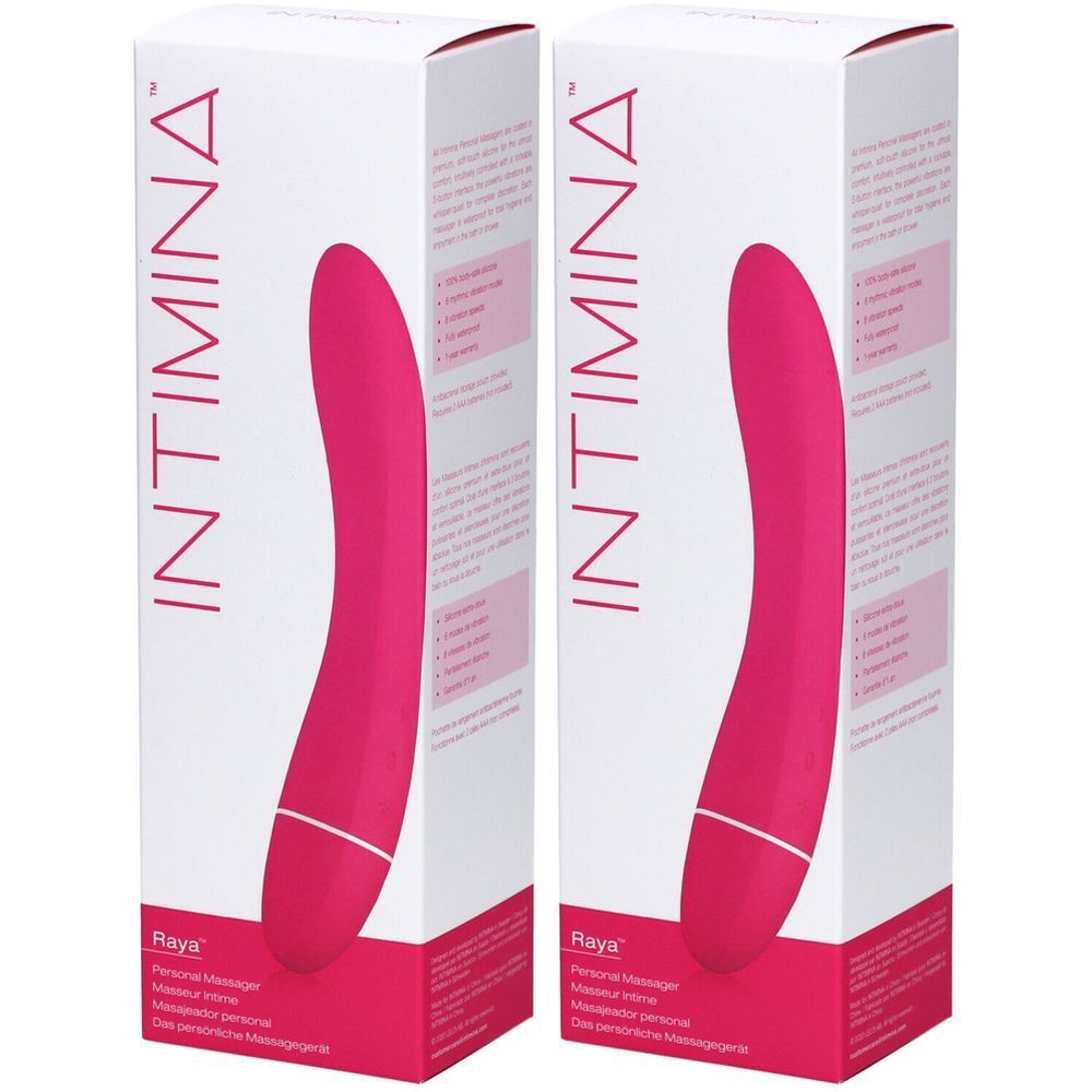 Zwei Verpackungen mit einem rosa Massagegerät. Auf der Verpackung steht "INTIMINA" und "Raya".