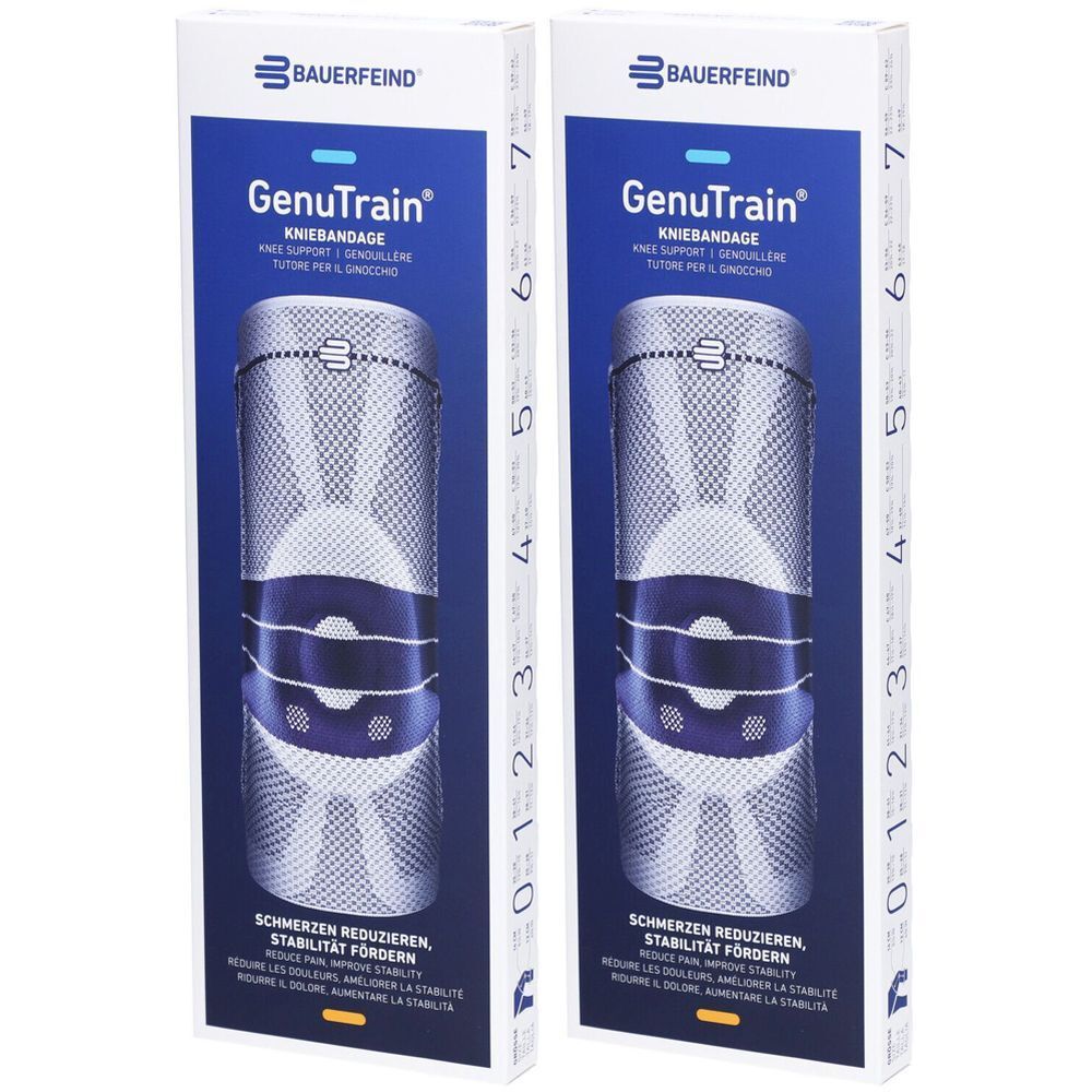 Zwei Produktverpackungen der Marke BAUERFEIND. Aufdruck: GenuTrain Kniebandage. Blaue und weiße Bandage im Inneren. Größenangabe auf der Seite.