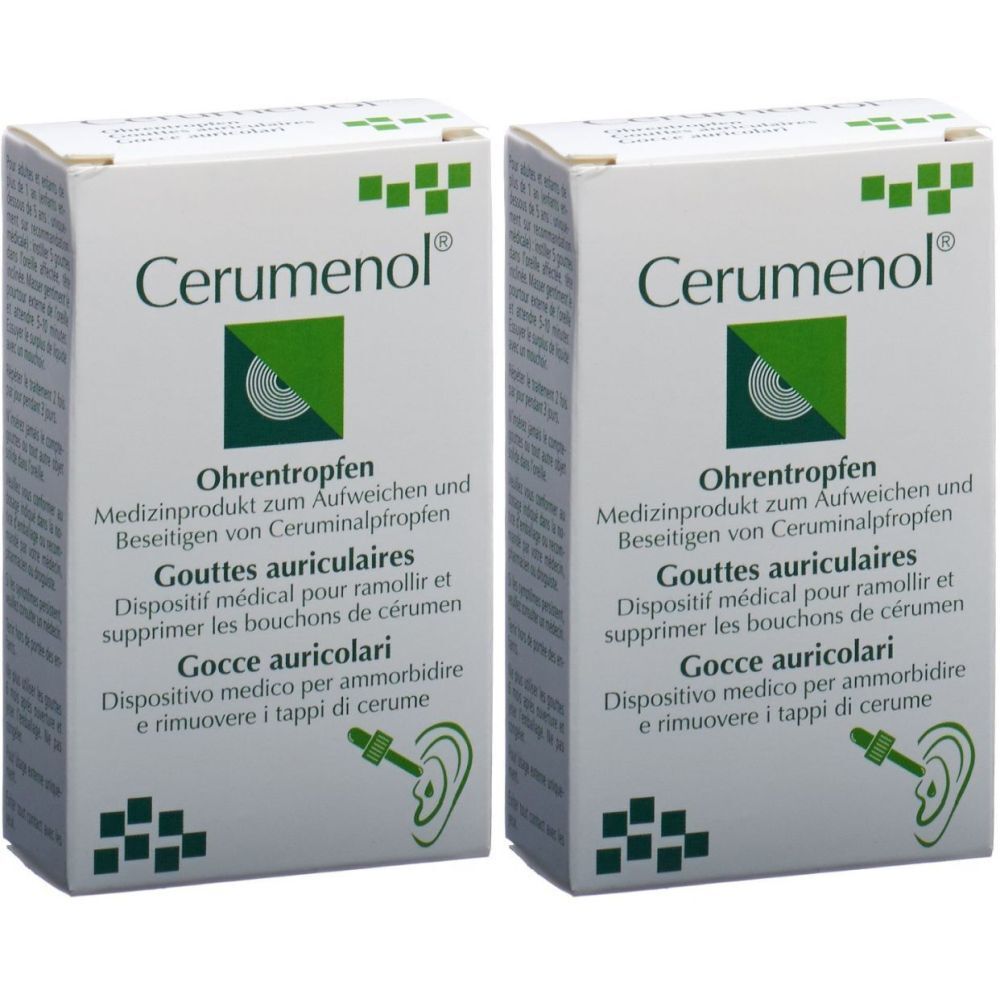Zwei weiße Schachteln mit der Aufschrift "Cerumenol Ohrentropfen". Auf jeder Schachtel sind Produktinformationen in mehreren Sprachen abgebildet.