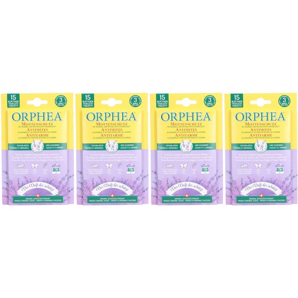 Vier Packungen ORPHEA Mottenschutz. Gelbe und violette Verpackung mit Produktnamen und Lavendel-Illustrationen. Enthält 15 Tabletten.