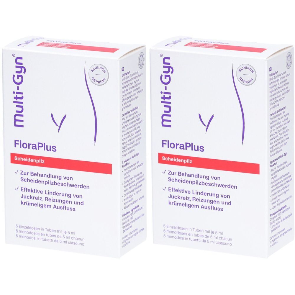 Zwei weiße Kartons mit "Multi-Gyn FloraPlus". Text: "Scheidenpilz", "Zur Behandlung von Scheidenpilzbeschwerden".