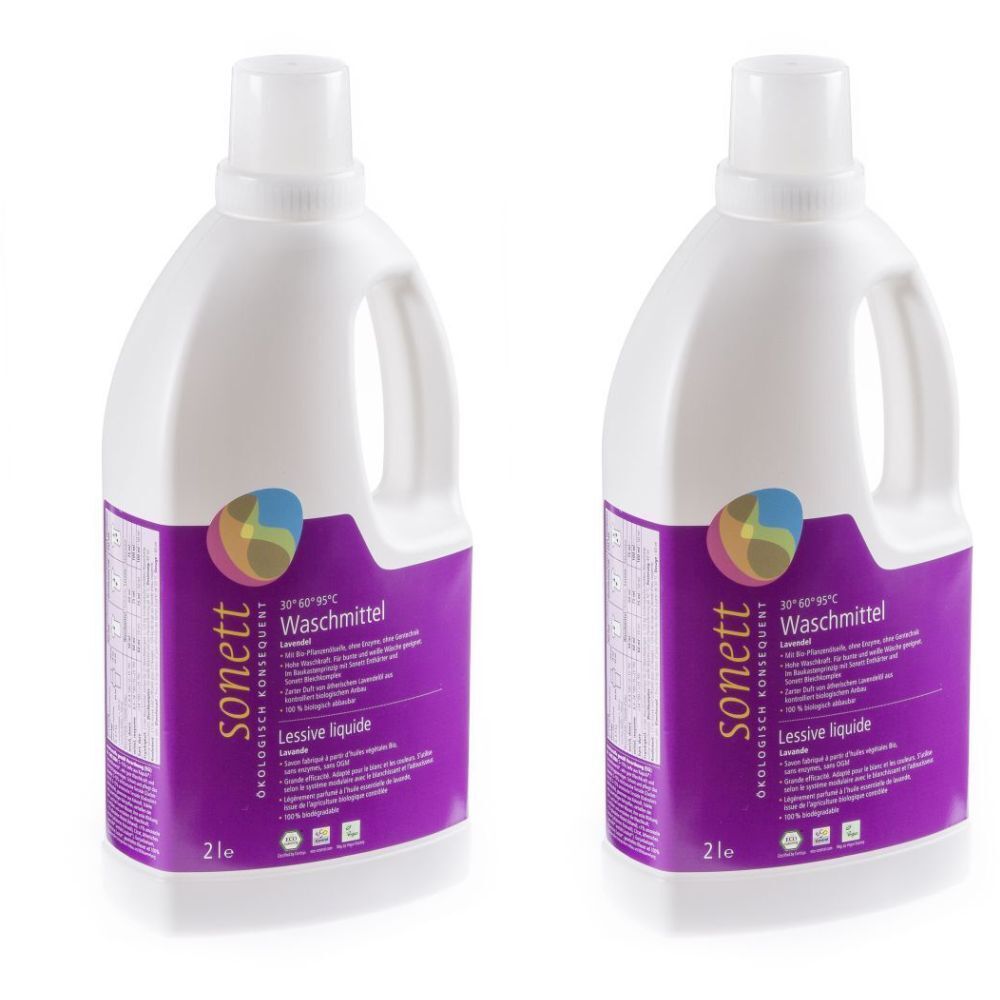 Deux bouteilles blanches avec poignées. Étiquettes violettes avec "sonett Waschmittel".