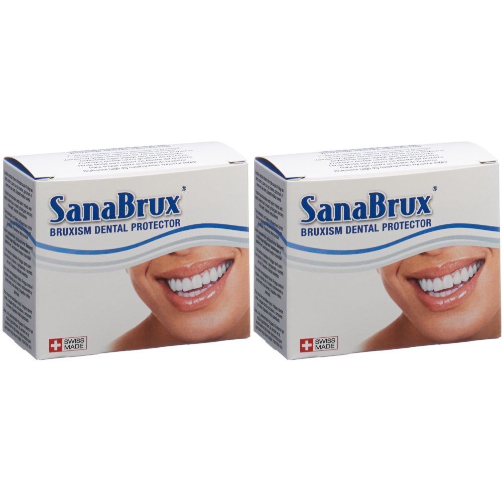 Zwei weiße Kartons mit "SanaBrux" und "Bruxism Dental Protector" Aufdruck. Abgebildet ist ein lächelnder Mund. Schweizer Kreuz.