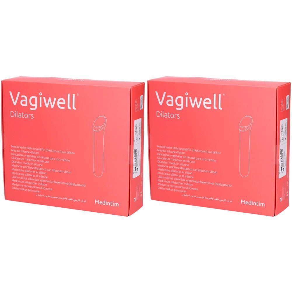 Deux boîtes rouges "Vagiwell Dilators". Logo et texte multilingue. Marque "Medintim".