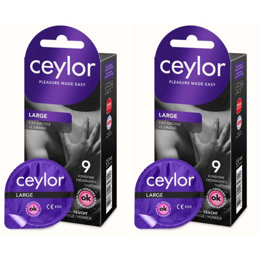 Deux boîtes de préservatifs Ceylor. Inscription "LARGE" et "9 préservatifs". Emballage violet avec sceau "ok".