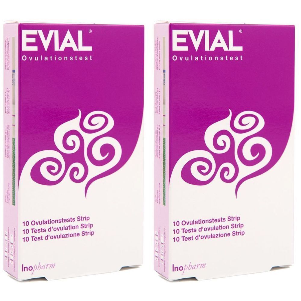 Zwei Packungen EVIAL Ovulationstest. Weiße Schachteln mit lila Akzenten und Text. Enthält 10 Teststreifen. Inopharm Logo.