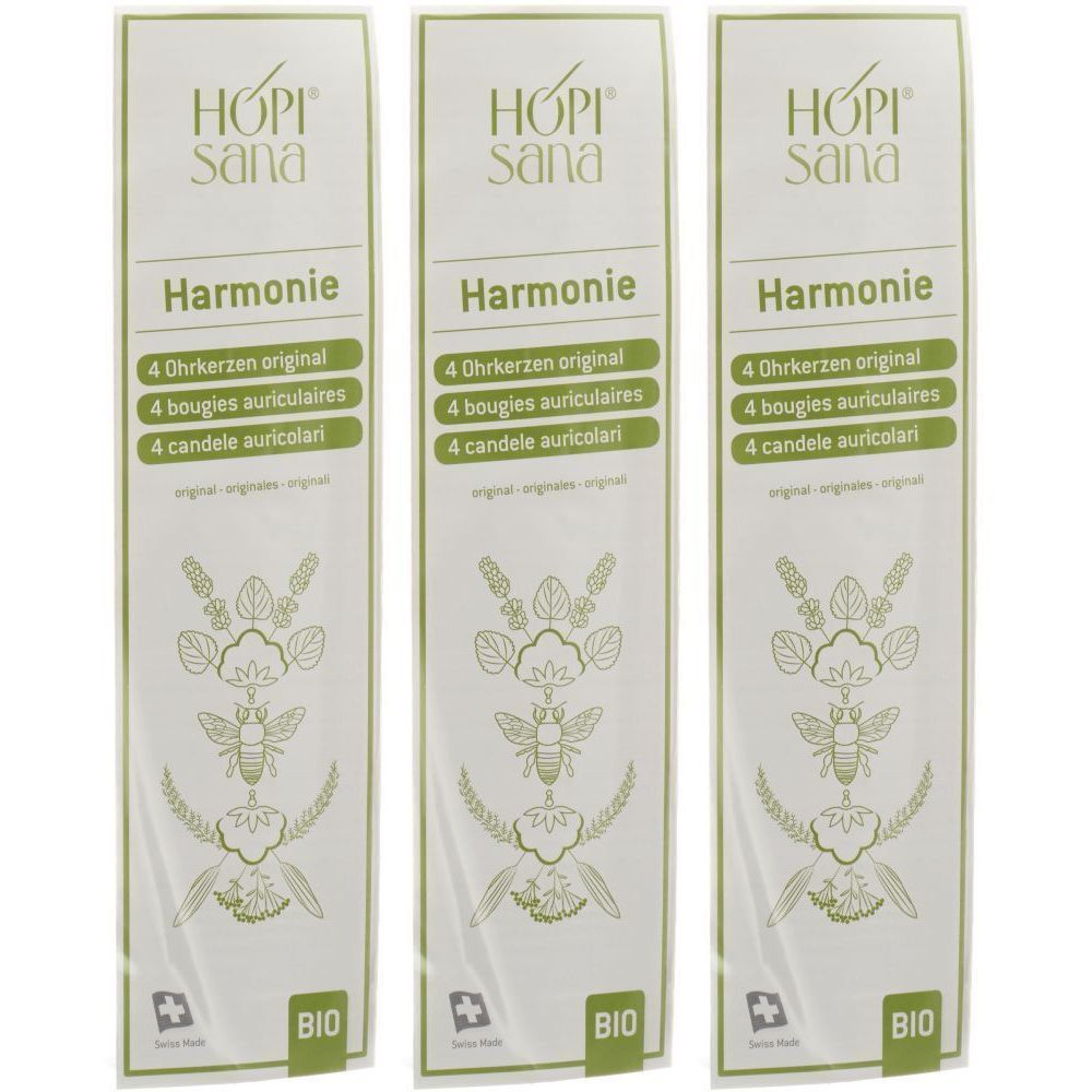 Drei Packungen Ohrkerzen. Jede Packung zeigt den Markennamen HOPi Sana, den Produktnamen Harmonie und die Anzahl 4.