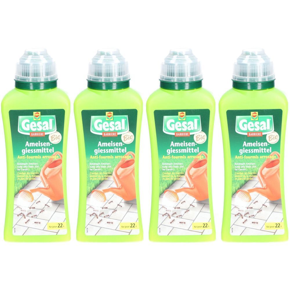 Vier grüne Flaschen mit weißem Deckel. Auf jeder Flasche steht "Gesal" und "Ameisen giessmittel".
