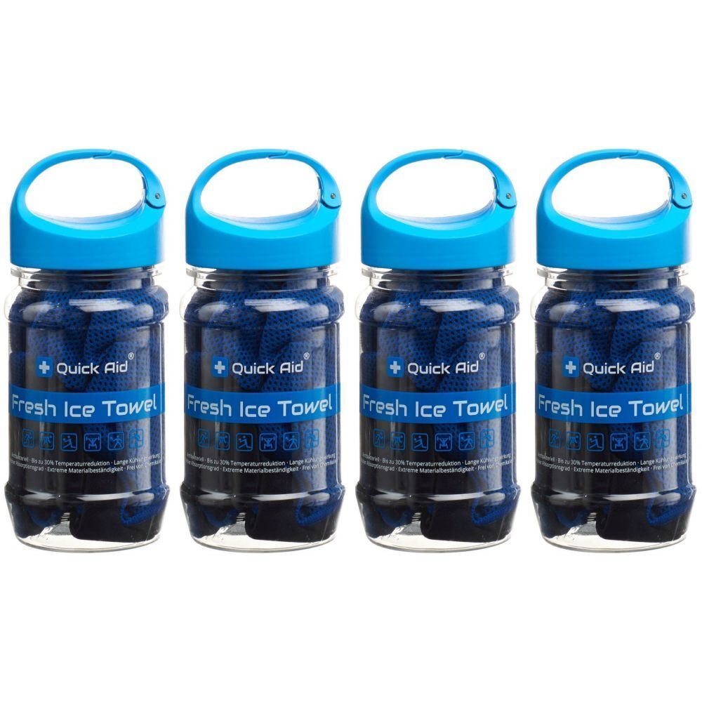 Vier Flaschen mit blauen Handtüchern. Jede Flasche hat einen blauen Deckel mit Griff und das Logo Quick Aid und Fresh Ice Towel.