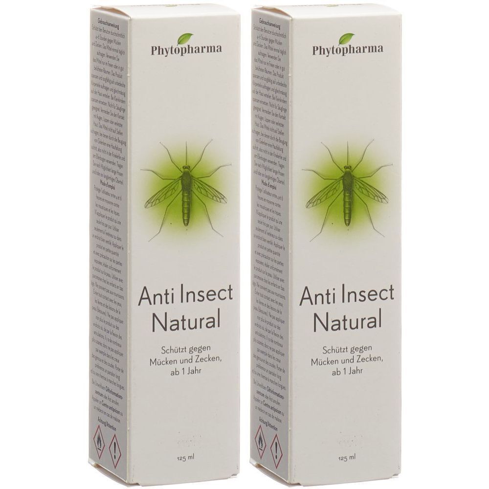 Zwei rechteckige Verpackungen. Aufschrift: Phytopharma, Anti Insect Natural. Schützt gegen Mücken und Zecken, ab 1 Jahr. 125 ml.