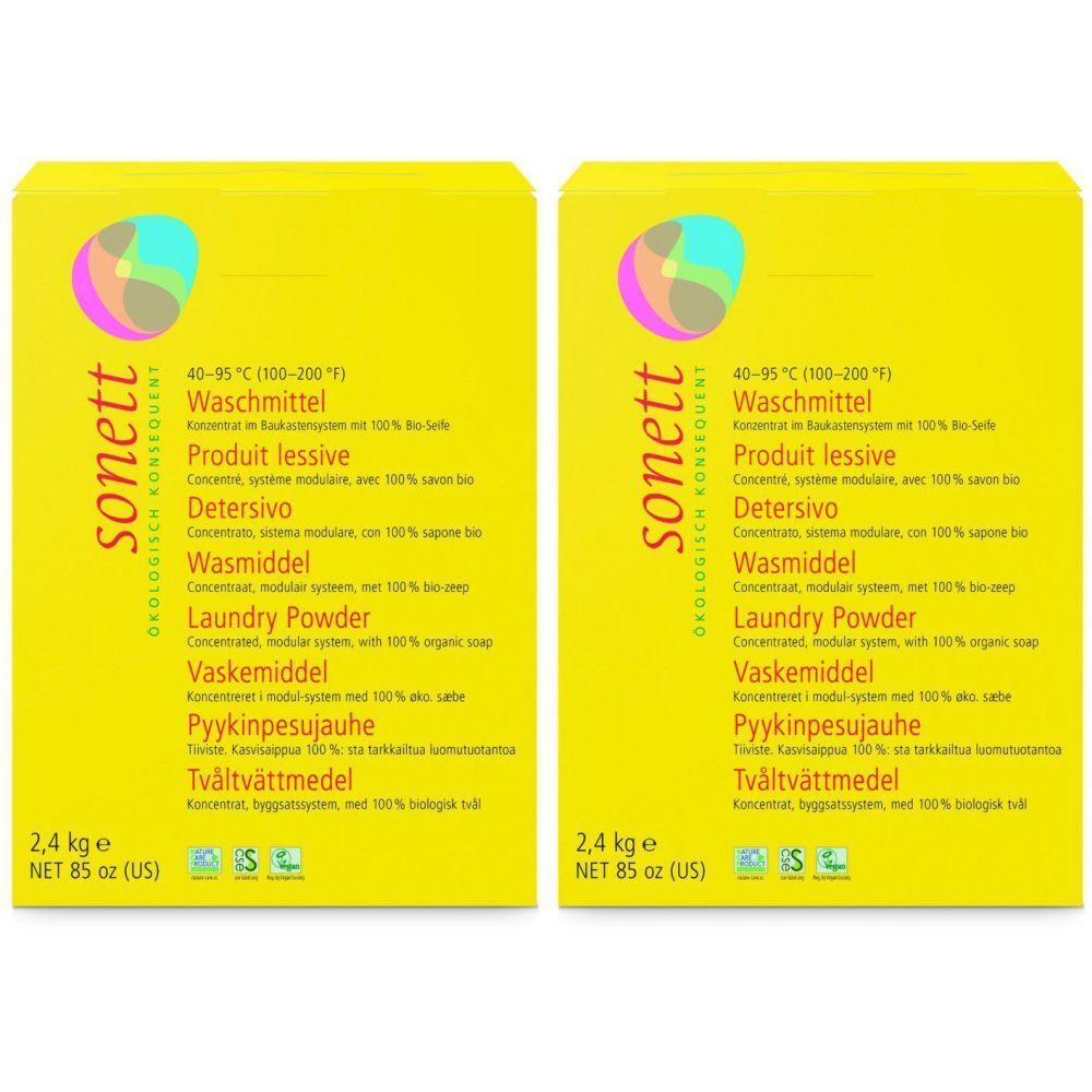 Zwei gelbe Kartons mit Waschmittel. Aufdrucke in mehreren Sprachen, darunter "sonett" und "Laundry Powder".