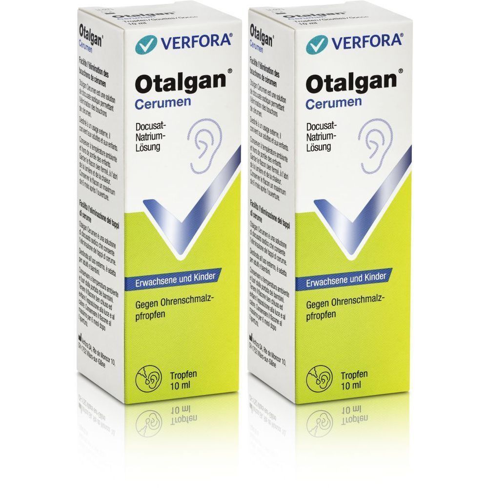 Zwei Schachteln Otalgan Cerumen. Aufschrift: VERFORA, Docusat-Natrium-Lösung, für Erwachsene und Kinder, gegen Ohrenschmalzpfropfen. Tropfen 10 ml.