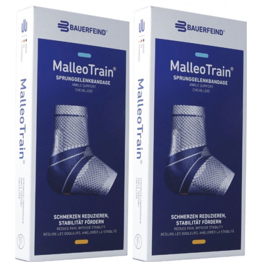 Zwei rechteckige Verpackungen. Aufschrift: MalleoTrain Sprunggelenkbandage, Bauerfeind Logo. Bandage-Abbildung.