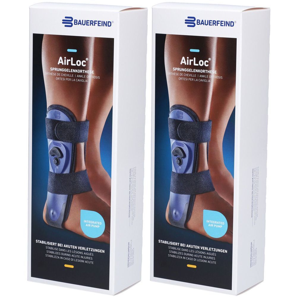 Zwei AirLoc Knöchelorthesen in Verpackung. Marke Bauerfeind. Blaue und schwarze Orthese am Bein. Text: Stabilisiert bei akuten Verletzungen.