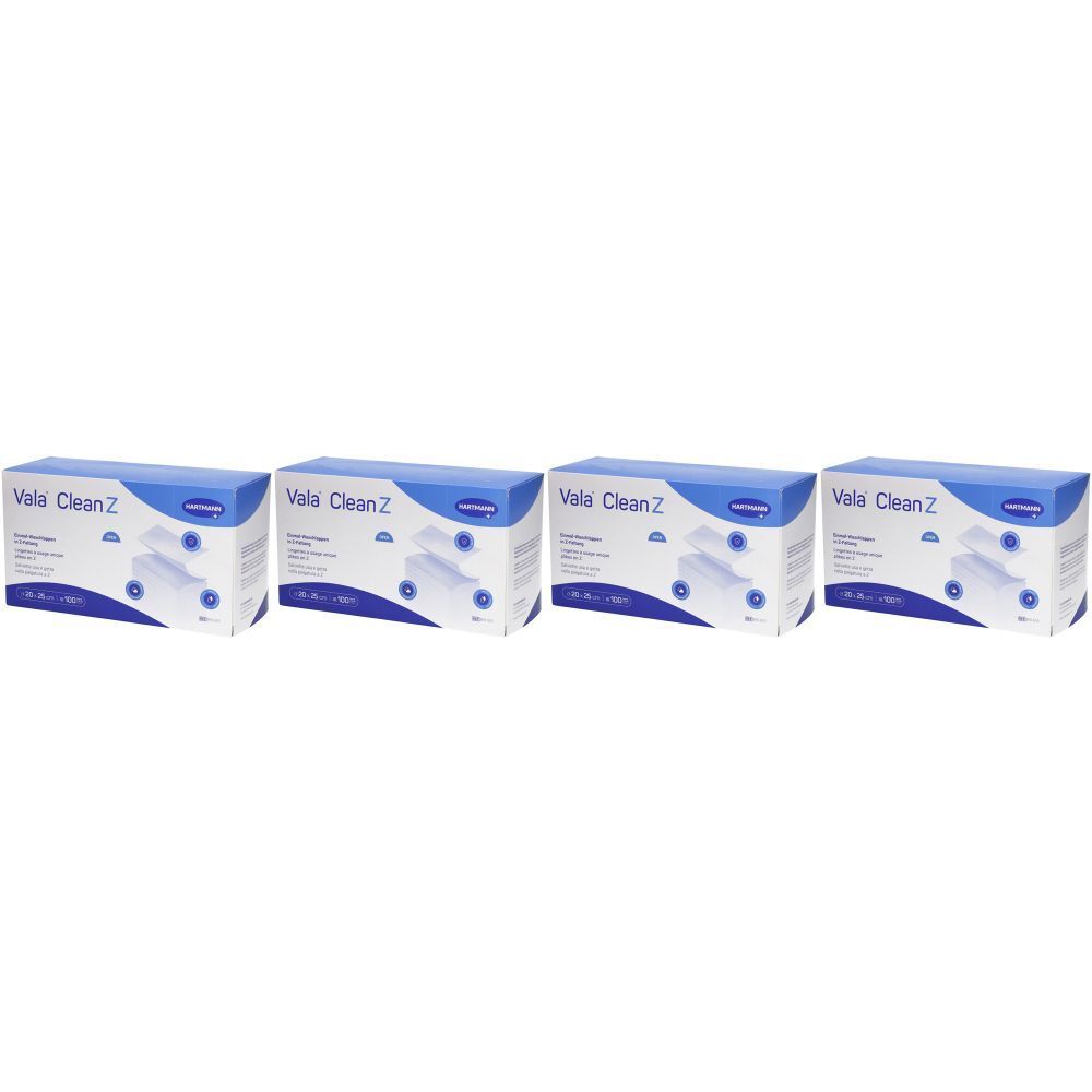 Vier Schachteln mit der Aufschrift "Vala Clean Z". Blaue und weiße Verpackung. Auf jeder Schachtel ist ein Produkt abgebildet.