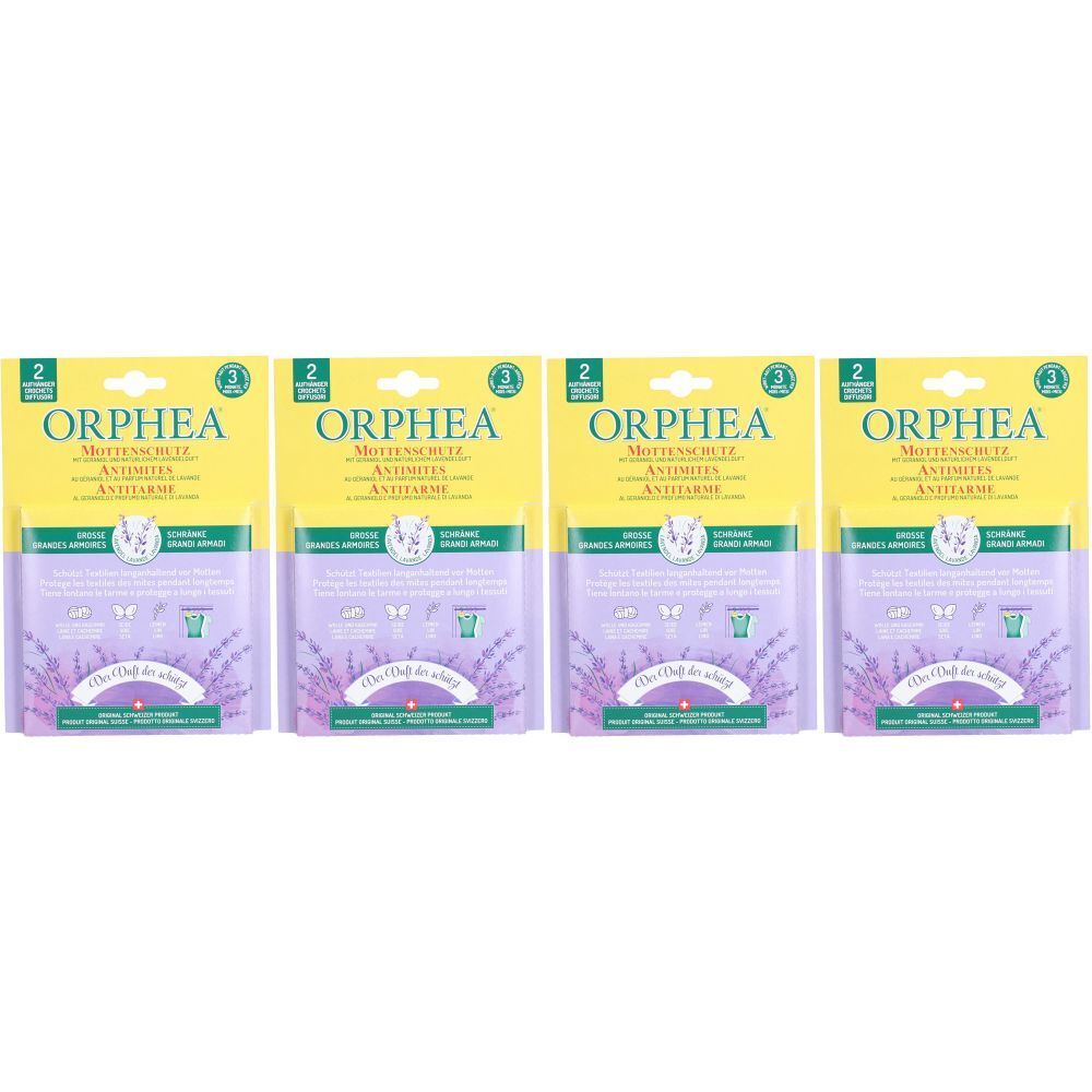 Vier Packungen mit gelb-lila Verpackung. Oben steht "ORPHEA". Darunter "Mottenschutz". Lavendel-Motiv.