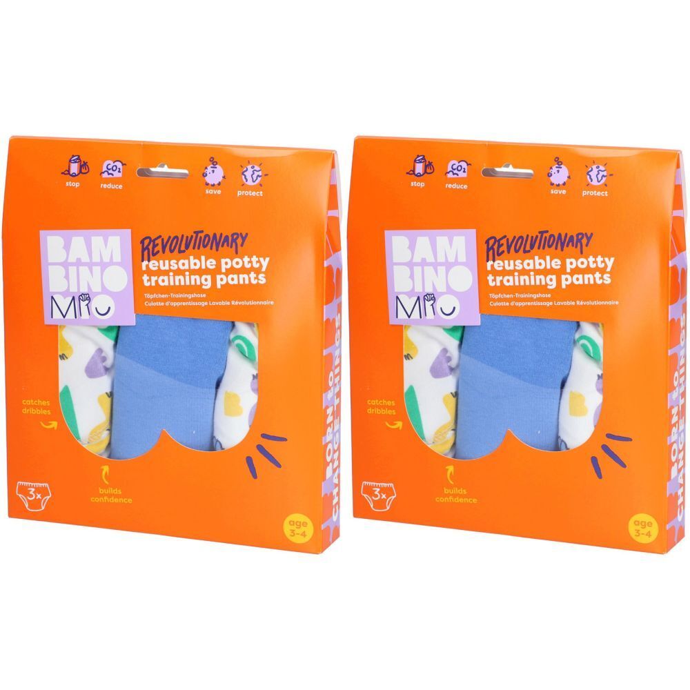 Deux boîtes oranges avec des culottes d'apprentissage réutilisables. Inscription : BAMBINO MRO, révolutionnaire, culottes d'apprentissage réutilisables.