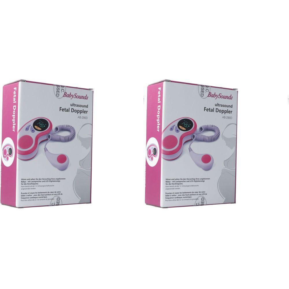 Zwei Verpackungen des BabySounds Ultraschall-Dopplergeräts. Rosa-weiße Boxen mit Produktabbildung und Text.