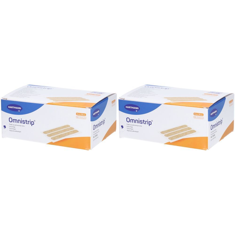 Zwei Kartons Omnistrip. Aufdruck: HARTMANN, Omnistrip, Hautnahtmaterial. Gezeigt sind beige Streifen. Verpackung mit blau-weißem Design.