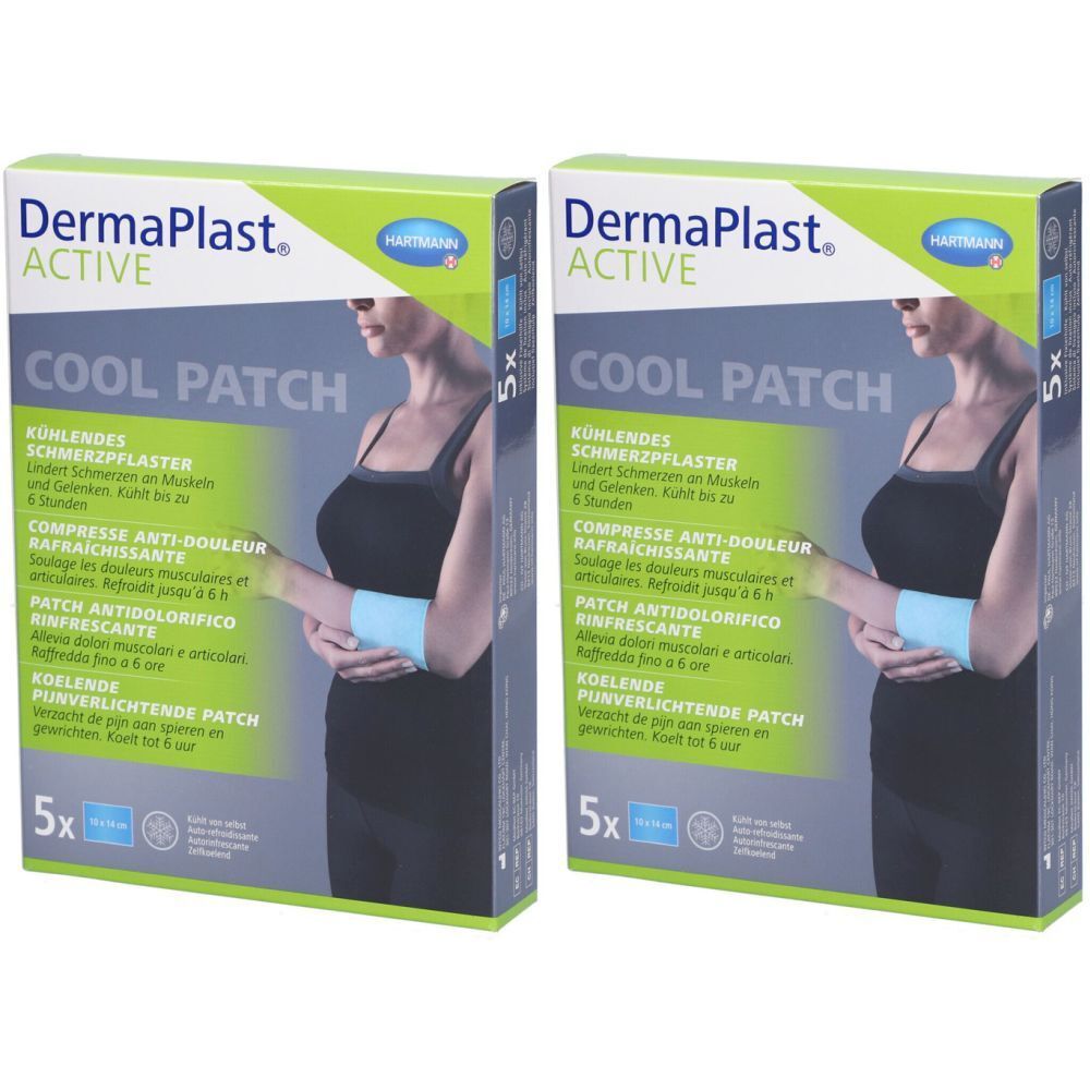 Zwei Packungen Dermaplast Aktiv-Kühlpflaster. Aufschrift: COOL PATCH, 5 Stück. Frau mit blauem Pflaster am Arm.