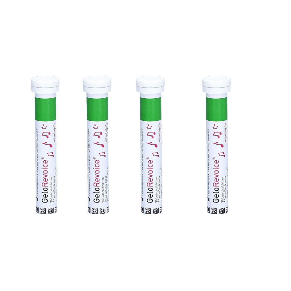 Quatre tubes cylindriques avec couvercle blanc et partie centrale verte. Impression : GeloRevoice, notes de musique, code-barres.