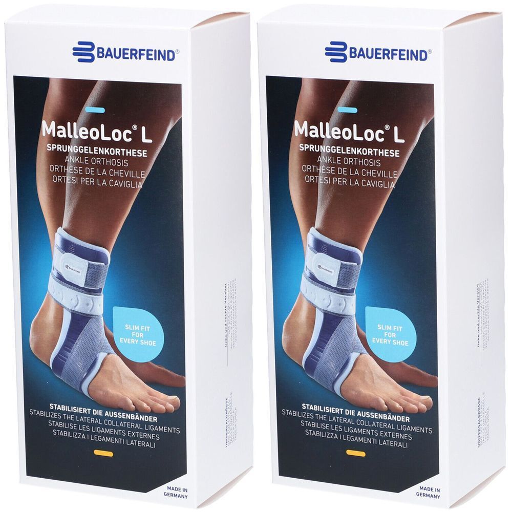 Twee productverpakkingen. Op elke verpakking staat een enkelbrace afgebeeld. Opschrift: BAUERFEIND MalleoLoc® L.