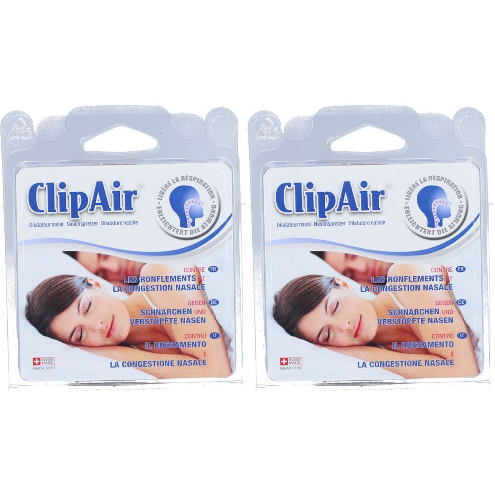 Zwei Blisterpackungen mit Nasendilatatoren. Aufschrift "ClipAir" und Illustration eines Gesichts. Text in Deutsch, Französisch und Italienisch.