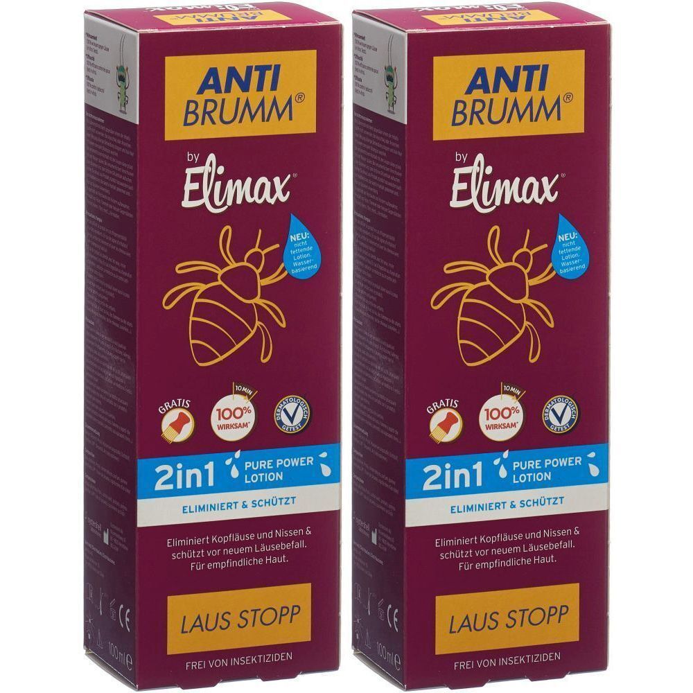 Zwei rechteckige Schachteln. Aufschrift ANTI BRUMM by Elimax. 2in1 Pure Power Lotion. Illustration eines Insekts. Text: Laus Stopp.