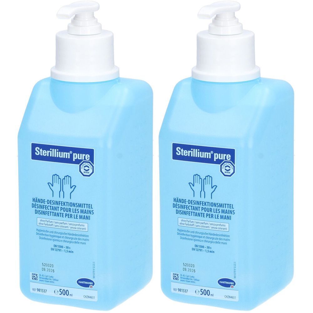 Zwei blaue Flaschen mit weißem Pumpkopf. Aufschrift "Sterillium pure" und "Hände-Desinfektionsmittel".