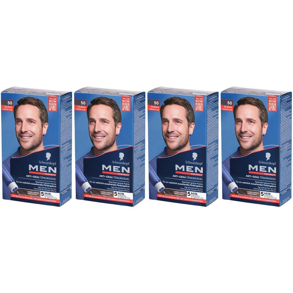Vier Schachteln MEN PERFECT Tönung. Auf jeder Schachtel ist ein Mann abgebildet. Aufschrift: MEN, 50 Natur Hellbraun.