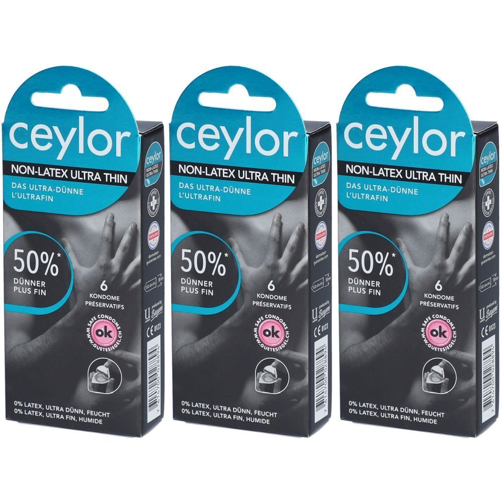 Drei Packungen Kondome. Marke: ceylor. Aufschrift: Non-Latex Ultra Thin, 50% dünner, 6 Kondome. Mit OK-Siegel.