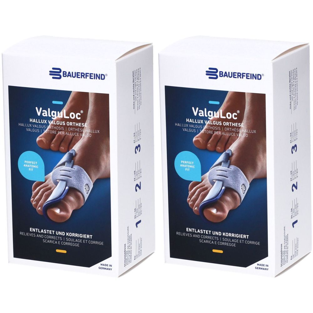 Zwei weiße Kartons mit Produktabbildung. Aufdruck: ValguLoc Hallux valgus Orthese, Bauerfeind Logo. Text: Entlastet und korrigiert.