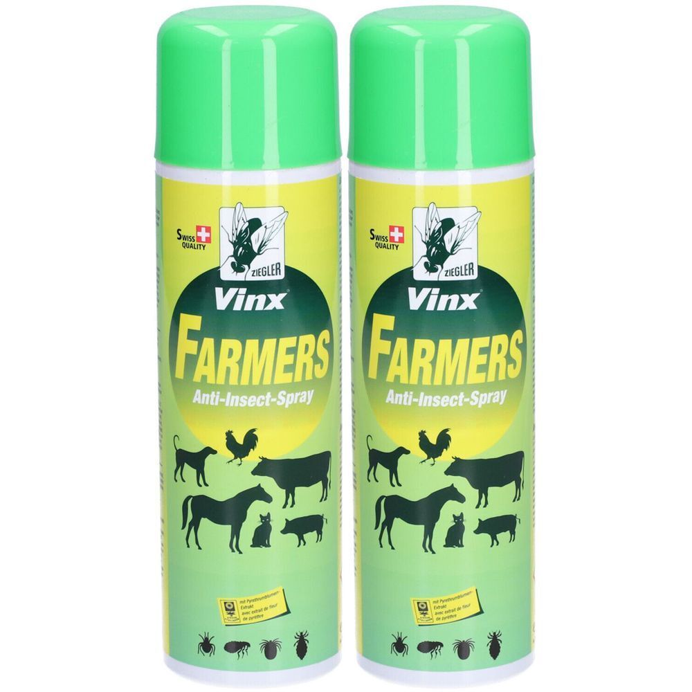 Zwei Sprühdosen mit grünem Deckel. Aufschrift: Vinx Farmers Anti-Insect-Spray. Abbildungen von Tieren. Schweizer Qualität.