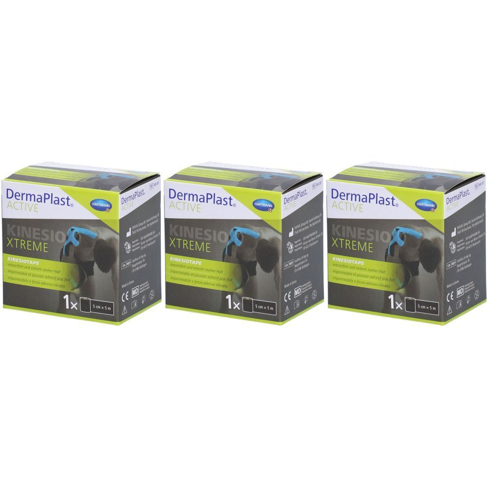 Trois boîtes de Dermaplast Active Kinesio Xtreme. Chaque boîte indique "1x".