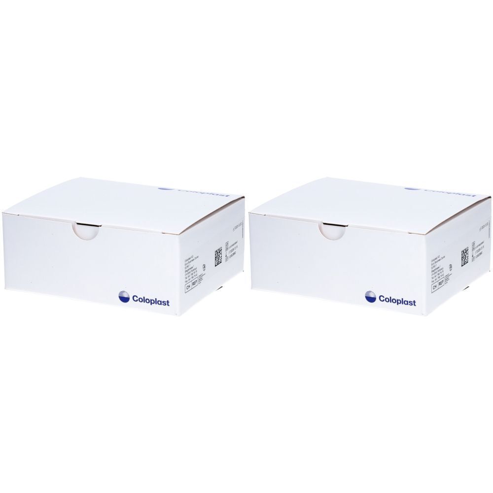 Deux boîtes blanches avec le logo Coloplast. Les boîtes ont un couvercle avec une découpe et du texte sur le côté.