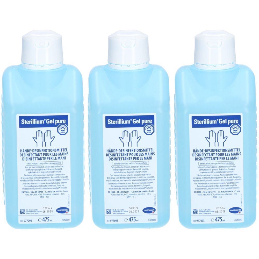 Drei Flaschen Sterillium Gel pure. Blaue Flüssigkeit in rechteckigen Flaschen mit weißem Deckel. Beschriftung mit Produktname und Anwendung.